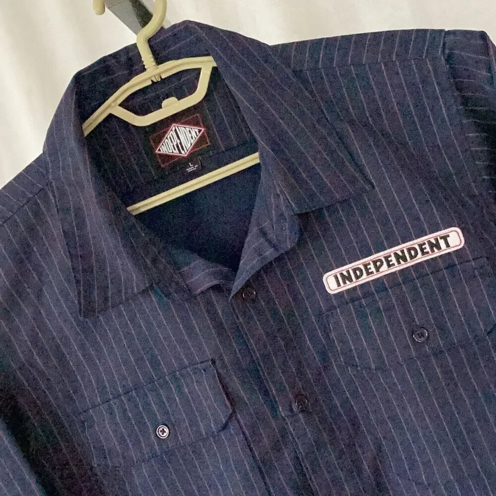 Independent Bar Logo Navy & Red Pinstripe Button Up Shirt Men’s Large - Picture 5 of 10